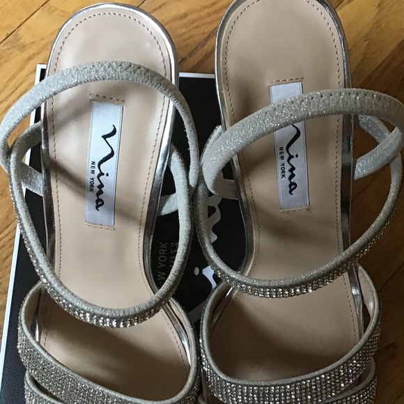 Nina Strappy Rhinestone heels Silver Sandals Block heel Size 7 1/2 - Picture 4 of 6